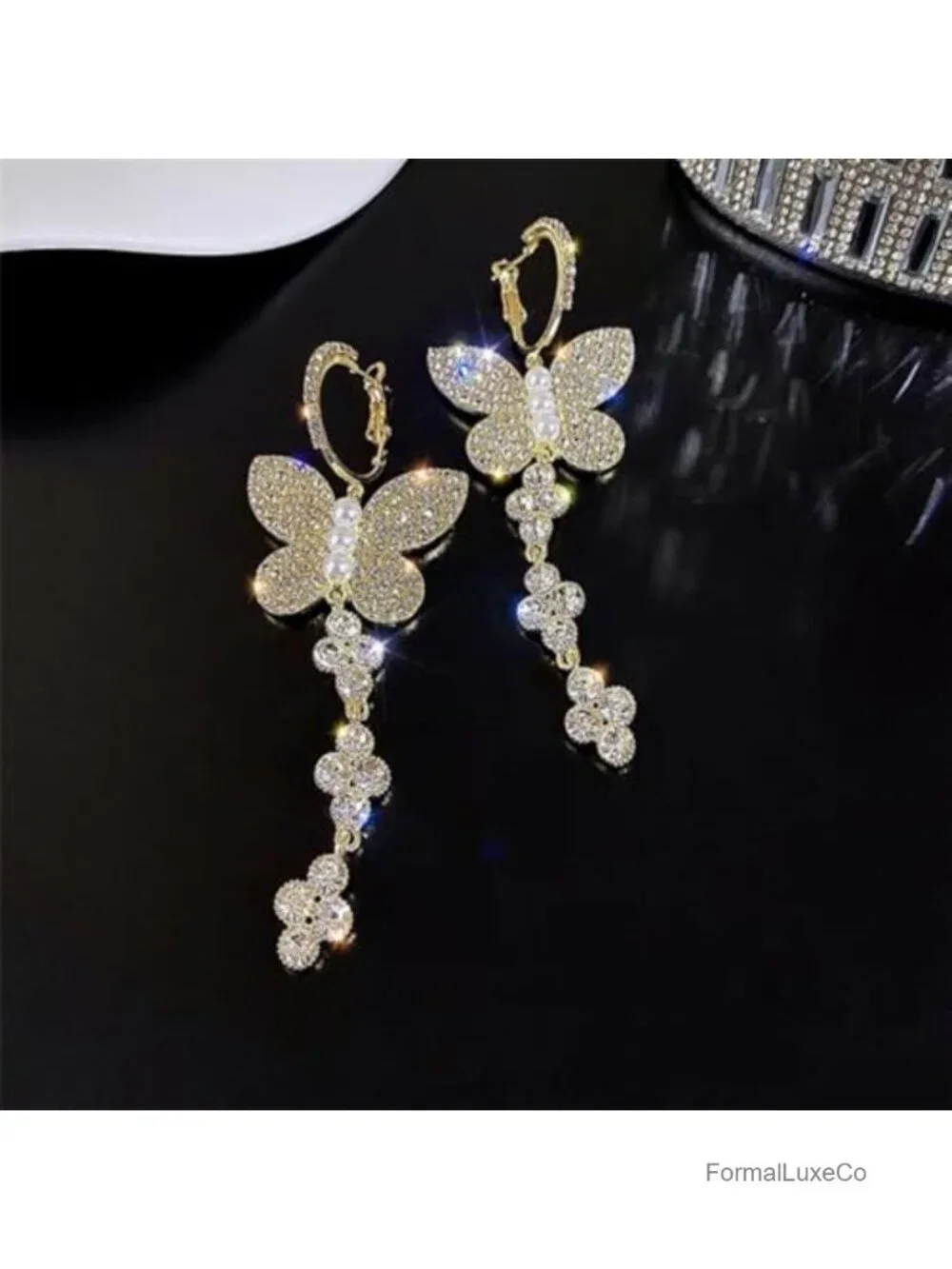 Crystal Butterfly Dangle Drop Hoop Earrings Gold Plated Huggie Pearl Cubic